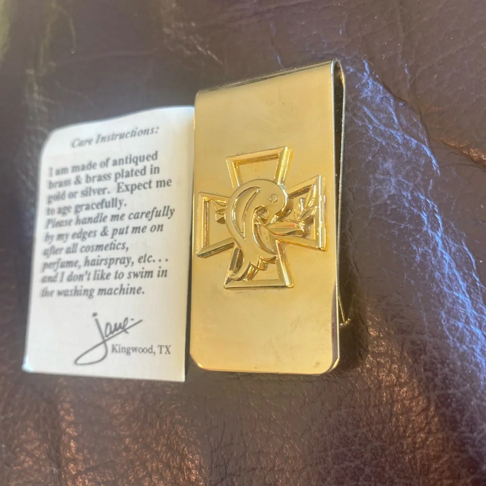 Money Clip Religious Cross Dove Brass Gold Plated Artesian Made Great Gift